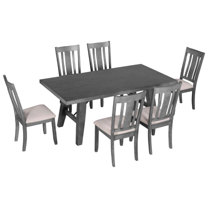 TREXM 7-Piece Dining Room Set - 72" Industrial Style Rectangular Table with Chain Bracket and 6 Dining Chairs (Gray)