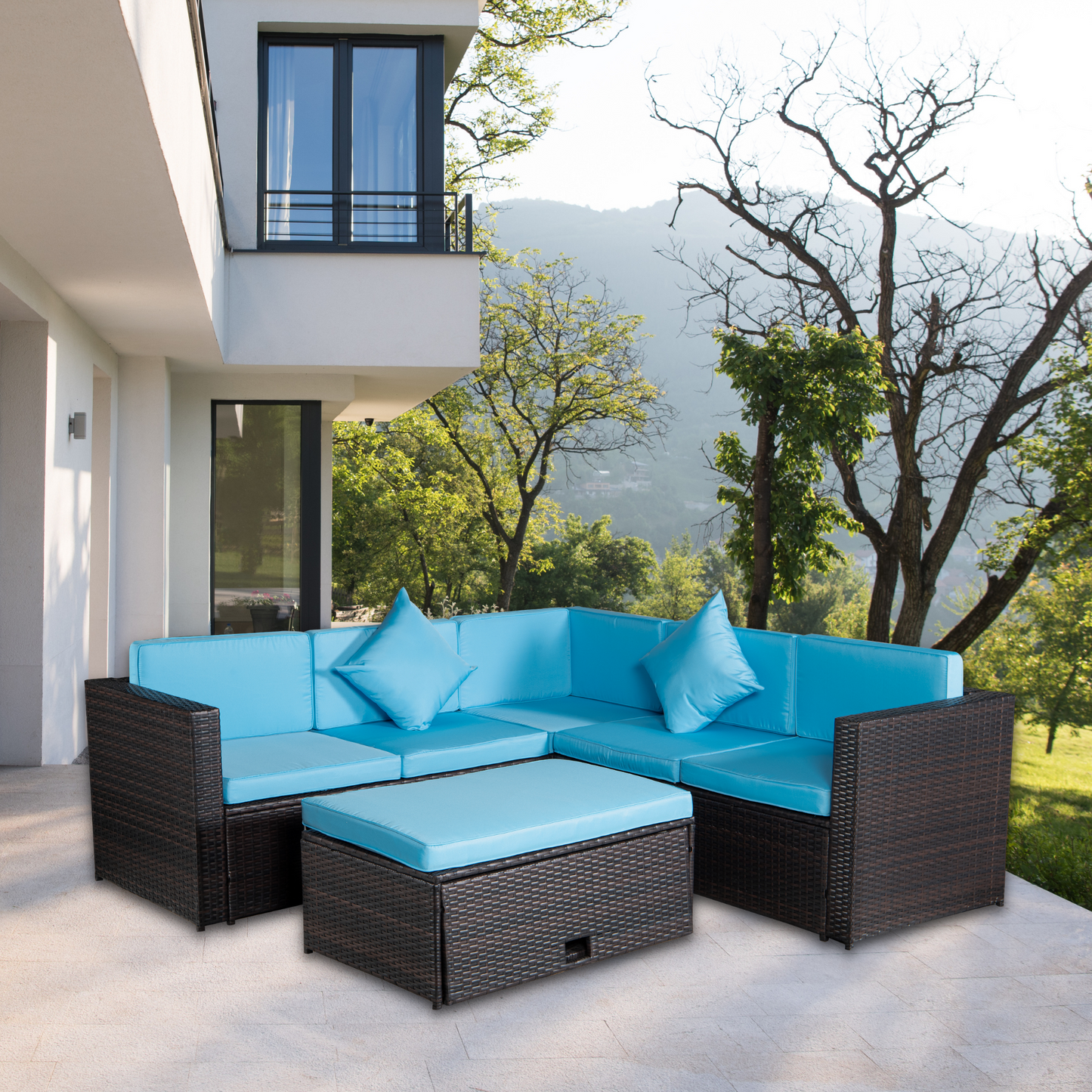 Patio Set 4-Piece Brown Poly Rattan Blue Cushion Combined 2 Blue Pillows Sectional Option Sofa Sets And Multifunctional Table