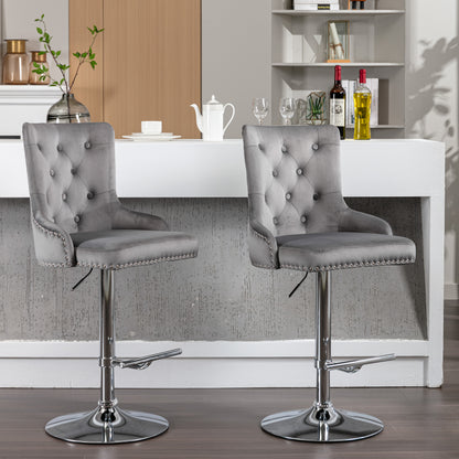 Swivel Velvet Barstools Adjusatble Seat Height , Modern Upholstered Bar Stools with Backs Comfortable Tufted for Home Pub and Kitchen Island（Gray,Set of 2）