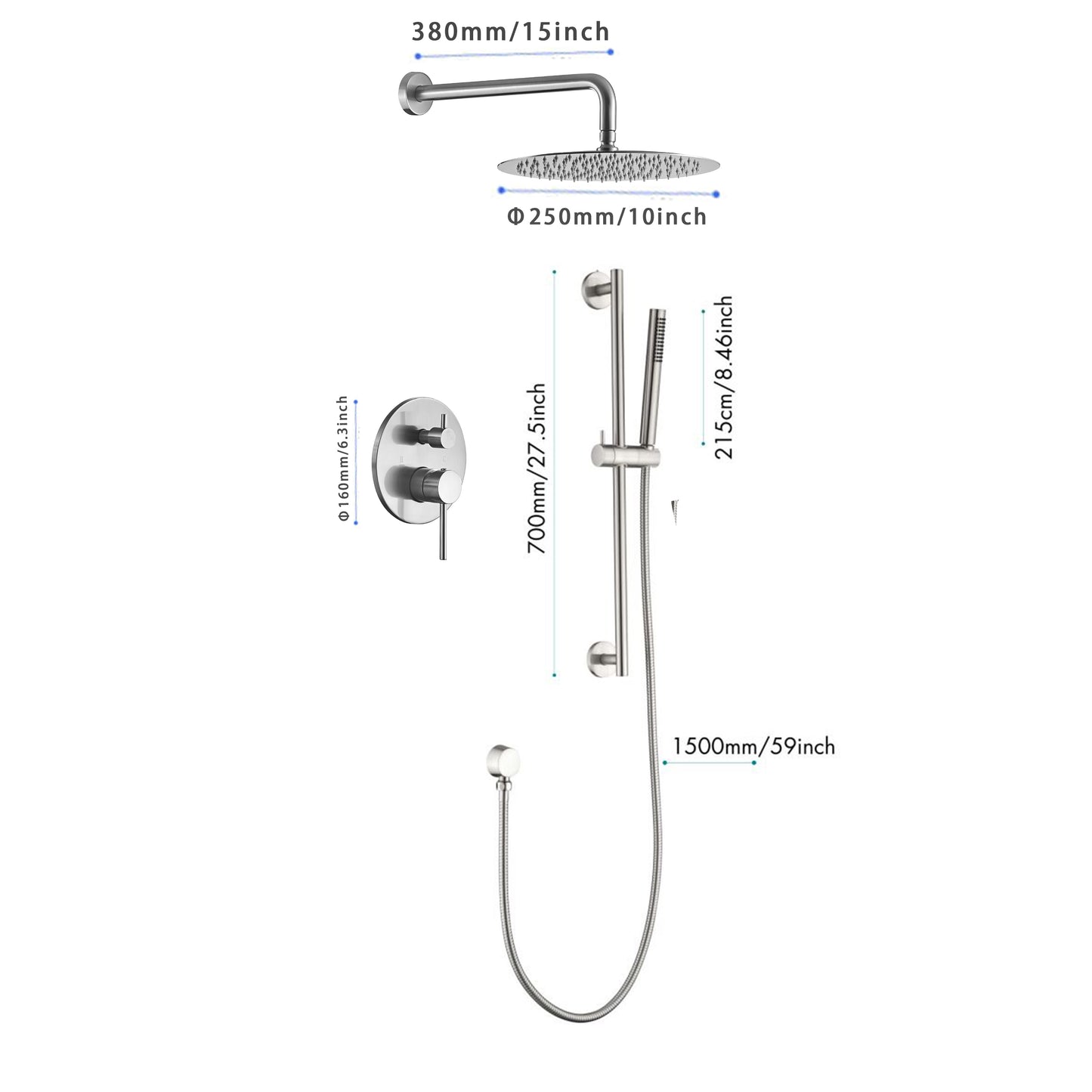 Shower System 10 Inch Square Bathroom Luxury Rain Mixer Shower Combo Set Pressure Balanced Shower System with Shower Head, Hand Shower, Slide Bar, Shower Arm, Hose, and Valve Trim