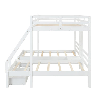 Solid Wood Full over  Twin & Twin Bunk Bed with 3 Storage Drawers, White (96.8”x79”x68.3”)