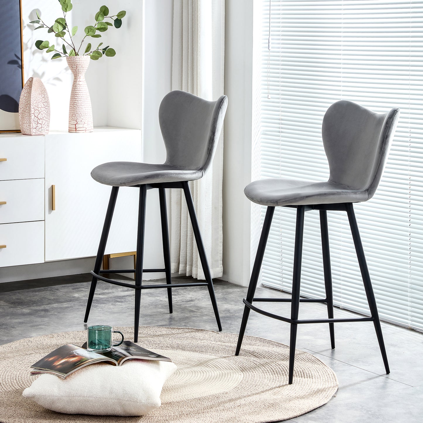 Grey Velvet Chair Barstool Dining Counter Height Chair Set of 2