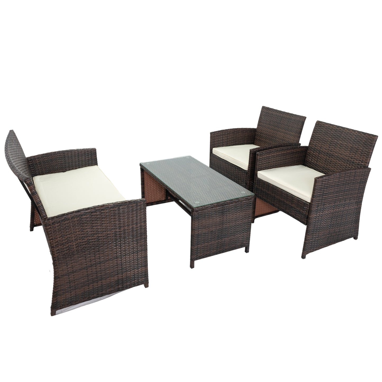 4 PCS Wicker Patio Conversation Set, Outdoor Rattan Sofas with Table Set, Patio Furniture Set with Soft Cushions & Tempered Glass Coffee Table