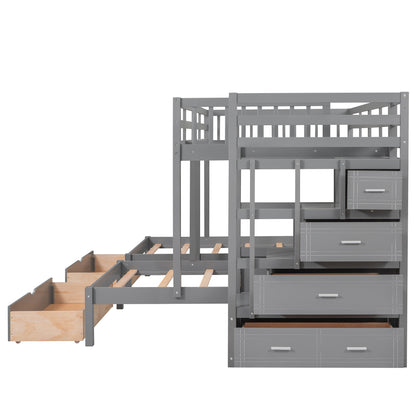 Full Over Twin & Twin Bunk Bed, Wood Triple Bunk Bed with Drawers and Guardrails (Gray)