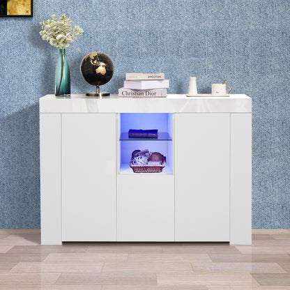 Kitchen Sideboard Cupboard with LED Light, White High Gloss Dining Room Buffet Storage Cabinet Hallway Living Room TV Stand Unit Display Cabinet with Drawer and 2 Doors