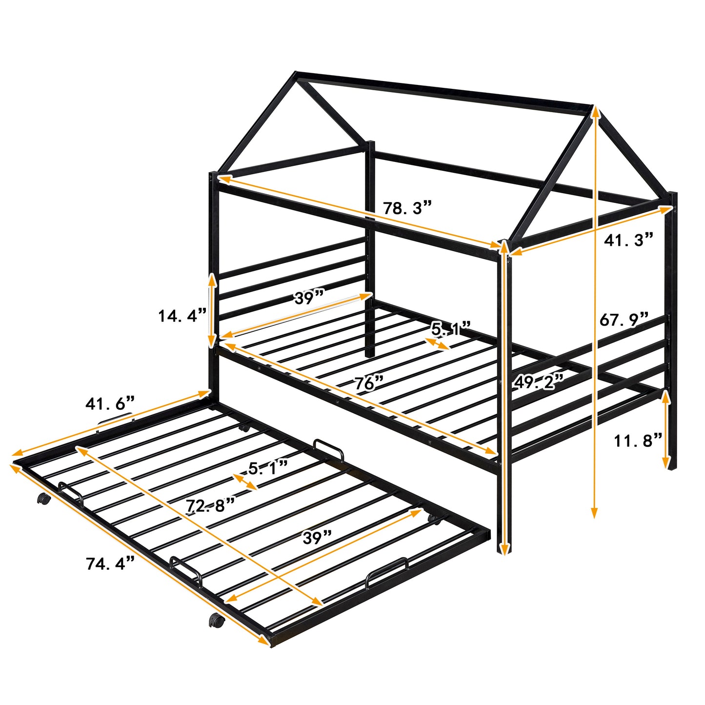 Twin Size Metal House Shape Platform Bed with Trundle,Black