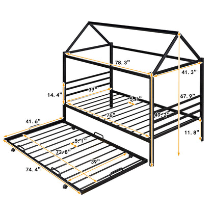 Twin Size Metal House Shape Platform Bed with Trundle,Black