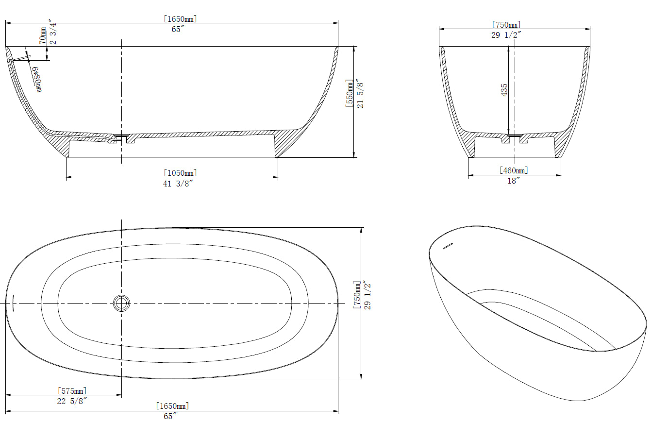 65'' x 29.5'' Freestanding Bathtoom Soaking Artificial Stone  Solid Surface Bathtub 1650MM Black