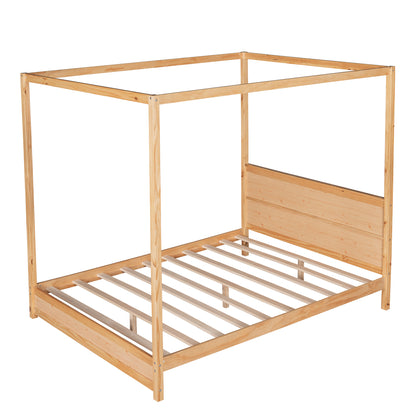 Queen Size Canopy Platform Bed with Headboard and Support Legs,Natural