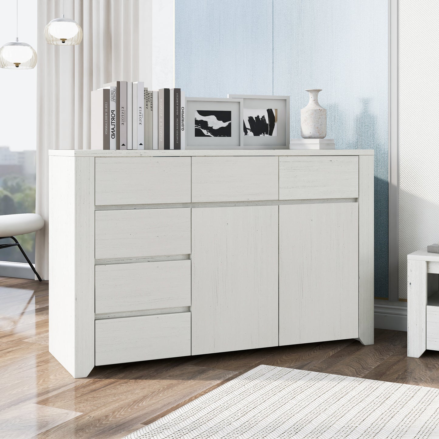 Off White Simple Style Manufacture Wood Dresser with Gray Wood Grain Sticker Surfaces Six Drawers and Two Level Cabinet Large Storage Space for Living Room Bedroom Guest Room Children’s Room