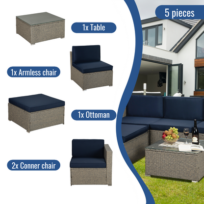 Outdoor Garden Patio Furniture 5-Piece Gray Mix Yellow PE Rattan Wicker Sectional Navy Cushioned Sofa Sets