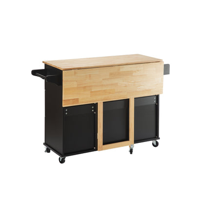 Kitchen Island & Kitchen Cart, \\nMobile Kitchen Island with Extensible Rubber Wood Table Top,\\nadjustable Shelf Inside Cabinet,\\n3 Big Drawers, with Spice Rack, Towel Rack, \\nBlack-Beech .