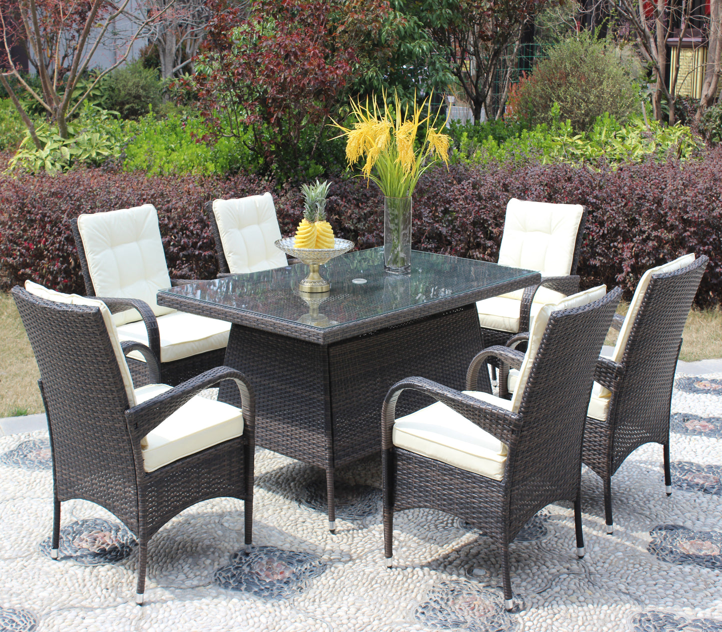 Patio 7-Piece Rectangular Dining Set with 6 Dining Chairs (Brown &Beige Cushion )