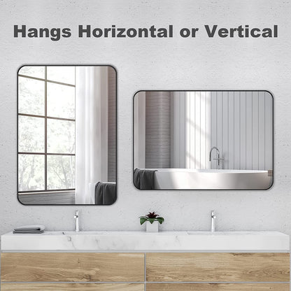Wall Mount Mirror for Bathroom, Brush Black Metal Framed Rounded Corner Rectangular Vanity Mirror (24" x 36", Black)