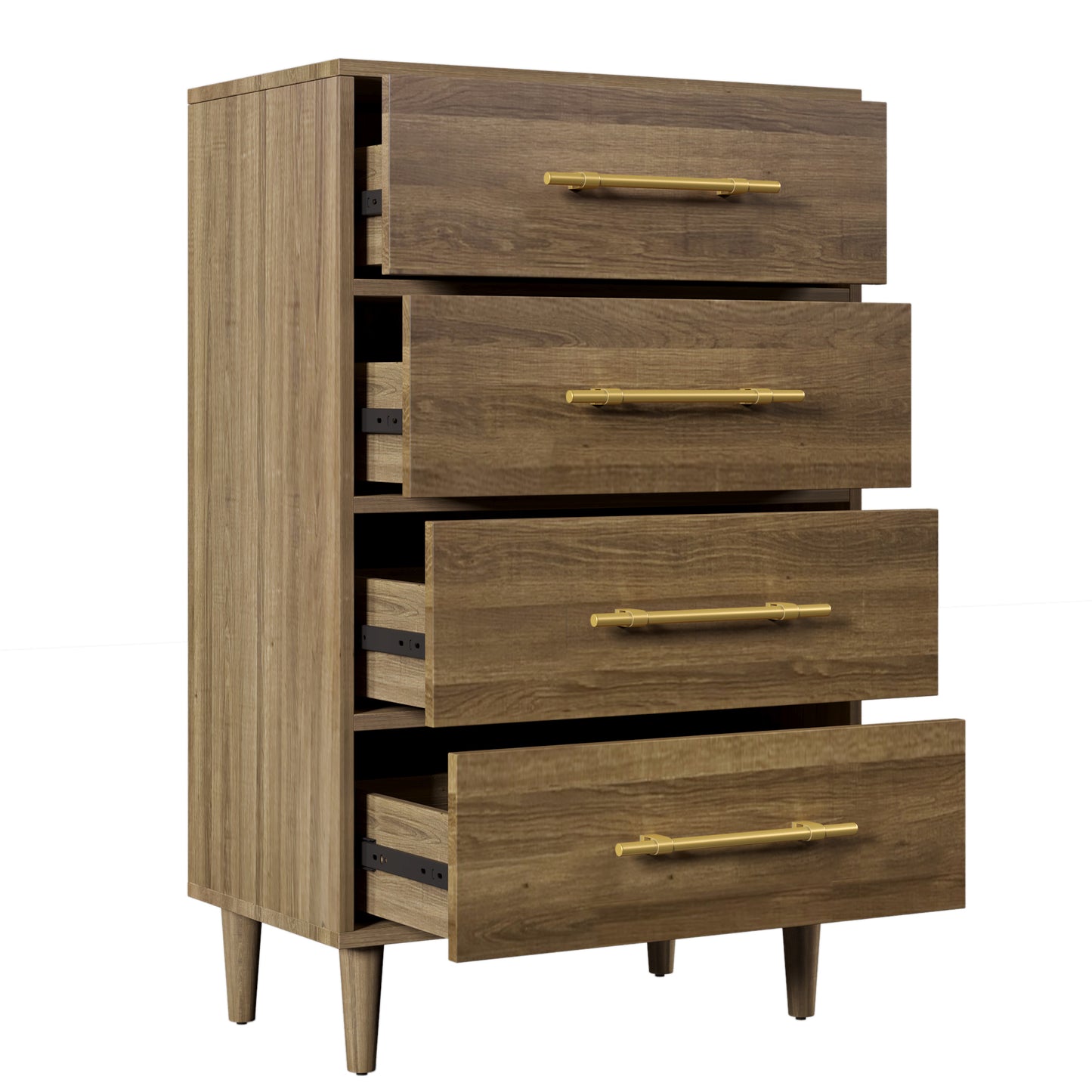 Mid-Century Modern Chest with Golden Handles, Four-Drawer, Natural Walnut