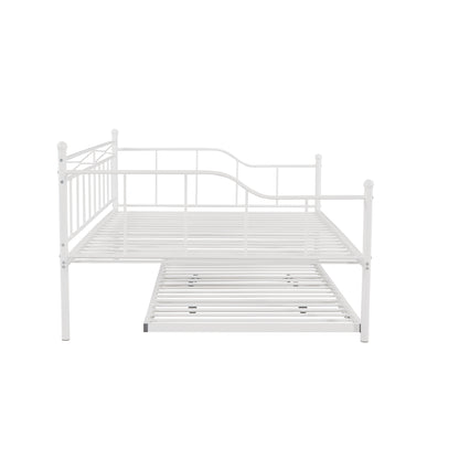 Full Size Metal Daybed with Twin Size Adjustable Trundle, Portable Folding Trundle, White