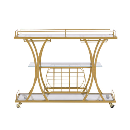 Golden Bar Cart with Wine Rack Tempered Glass Metal Frame Wine Storage