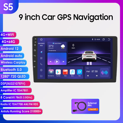 5S Series 9" Touchscreen Android 12 Octa Core QLED 1280*720 Car Gps Navigation Stereo Carplay Wifi 4G LTE Weather Display 4+64GB