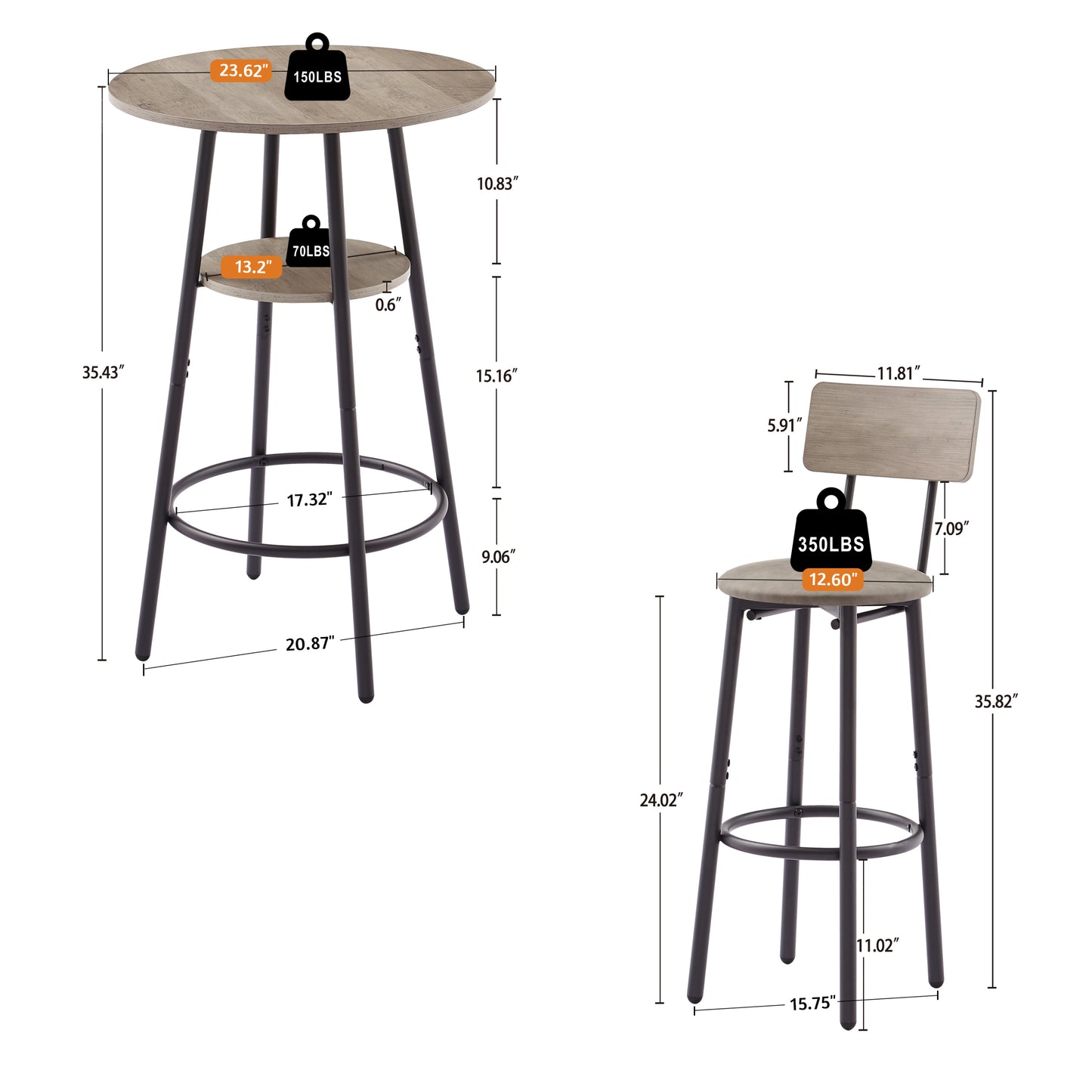 JHX Bar Table Set with 2 Bar stools PU Soft seat with backrest (Grey,23.62’’L*23.62’’W*35.43’’H)