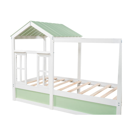 Twin Size House Bed with Roof, Window and Drawer - Green + White