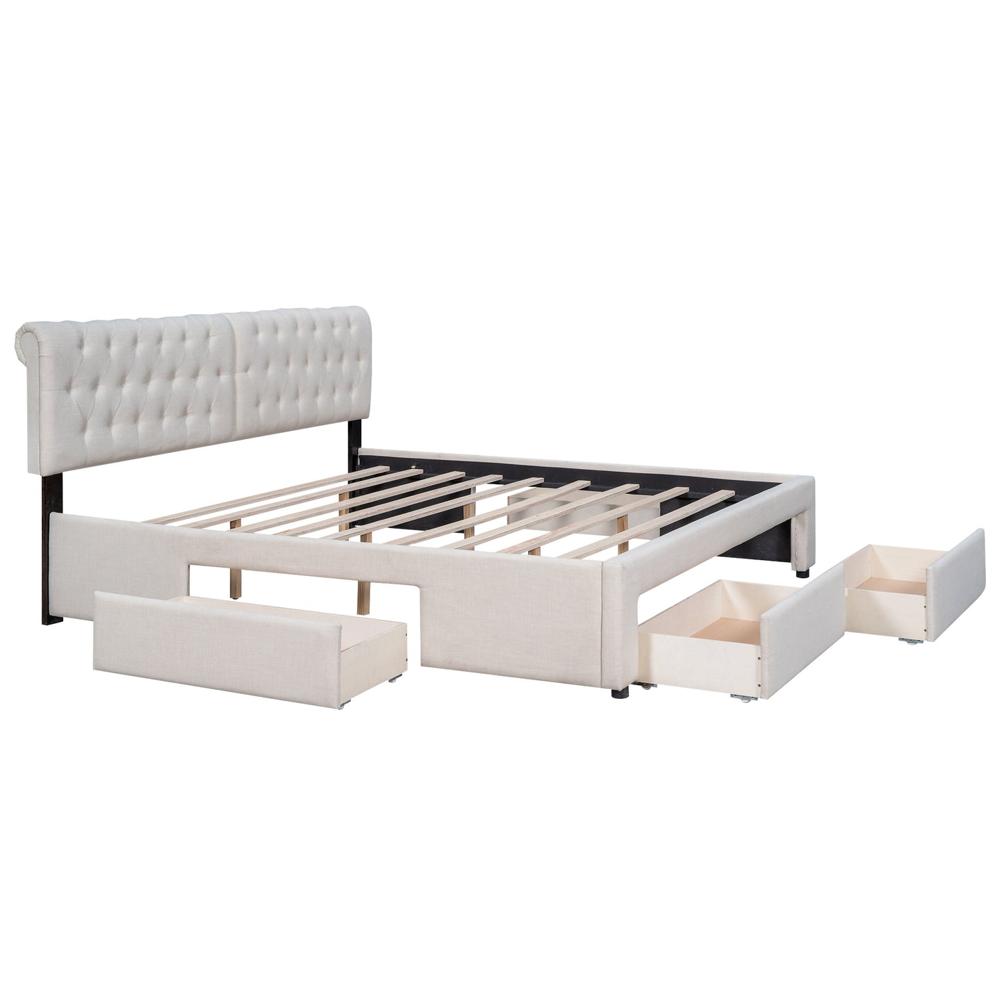 King Size Upholstery Platform Bed with Four Drawers,Beige