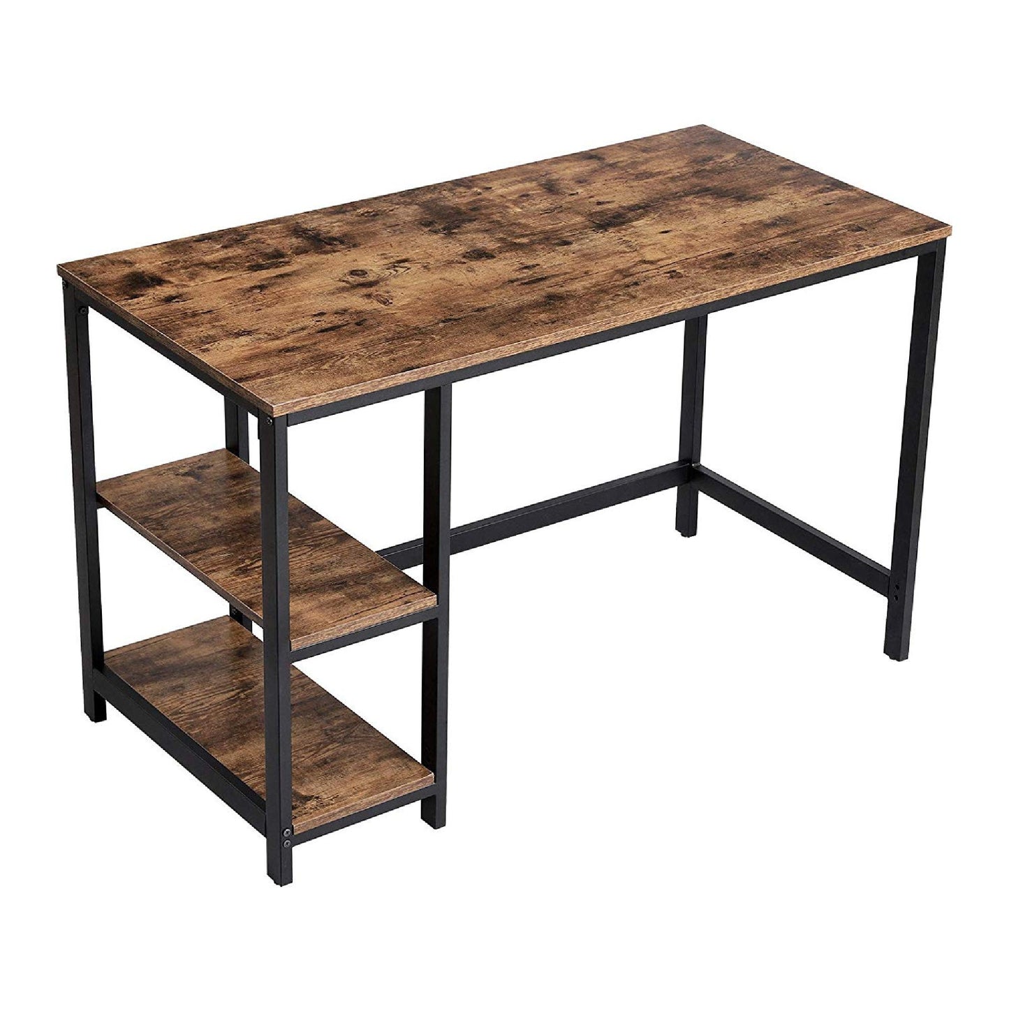 Industrial 47 Inch Wood and Metal Desk with 2 Shelves, Black and Brown