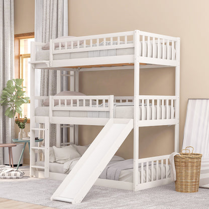 Twin-Over-Twin-Over-Twin Triple Bed with Built-in Ladder and Slide, Triple Bunk Bed with Guardrails, White(OLD SKU: LP000051AAK)