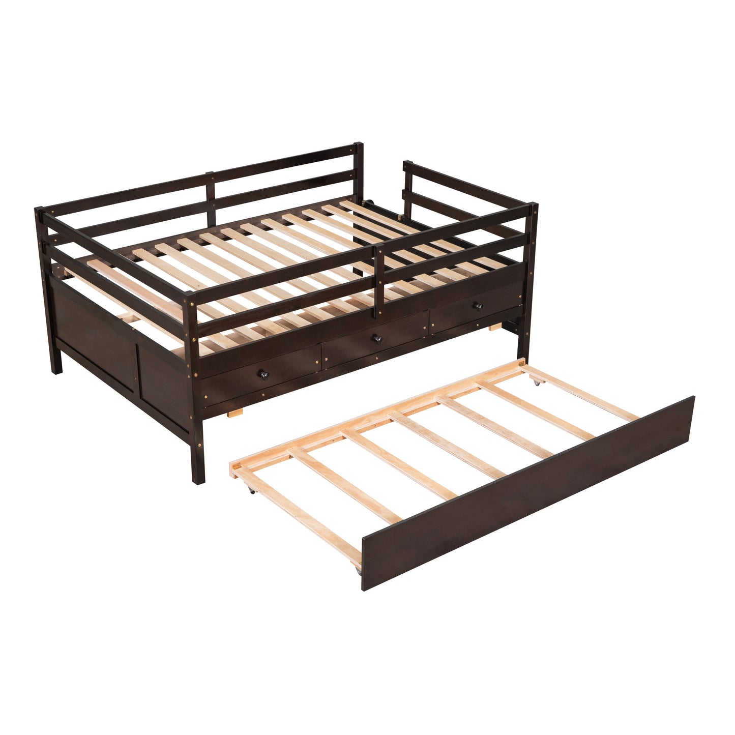 Low Loft Bed Full Size with Full Safety Fence, Climbing ladder, Storage Drawers and Trundle Espresso Solid Wood Bed