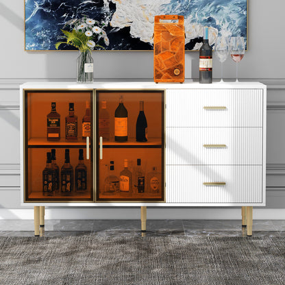 TREXM Modern Sideboard MDF Buffet Cabinet Marble Sticker Tabletop and Amber-yellow Tempered Glass Doors with Gold Metal Legs & Handles (White)