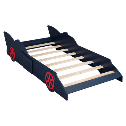 Twin Size Race Car-Shaped Platform Bed with Wheels,Blue+Red
