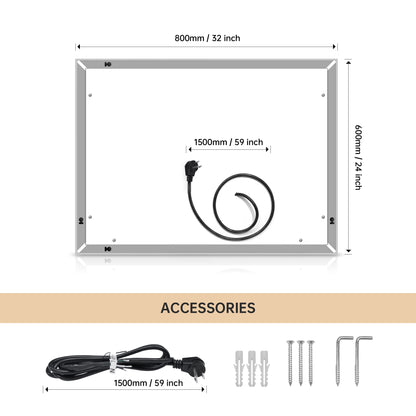 32*24 LED Lighted Bathroom Wall Mounted Mirror with High Lumen+Anti-Fog Separately Control+Dimmer Function