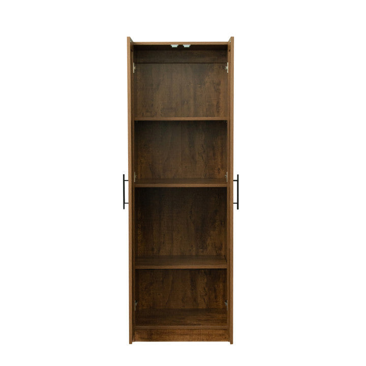 High wardrobe and kitchen cabinet with 2 doors and 3 partitions to separate 4 storage spaces, walnut