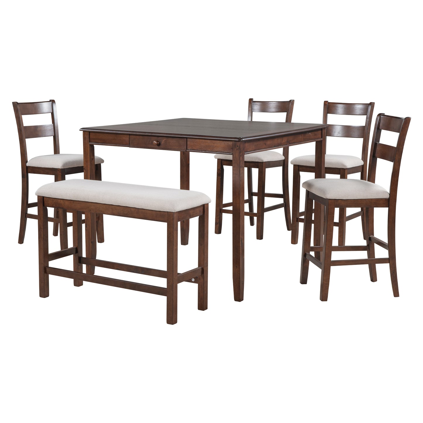 TOPMAX Wood 6-Piece Dining Table Set with Storage Drawer, Counter Height Square Kitchen Set with Upholstered Chair and Bench, Walnut