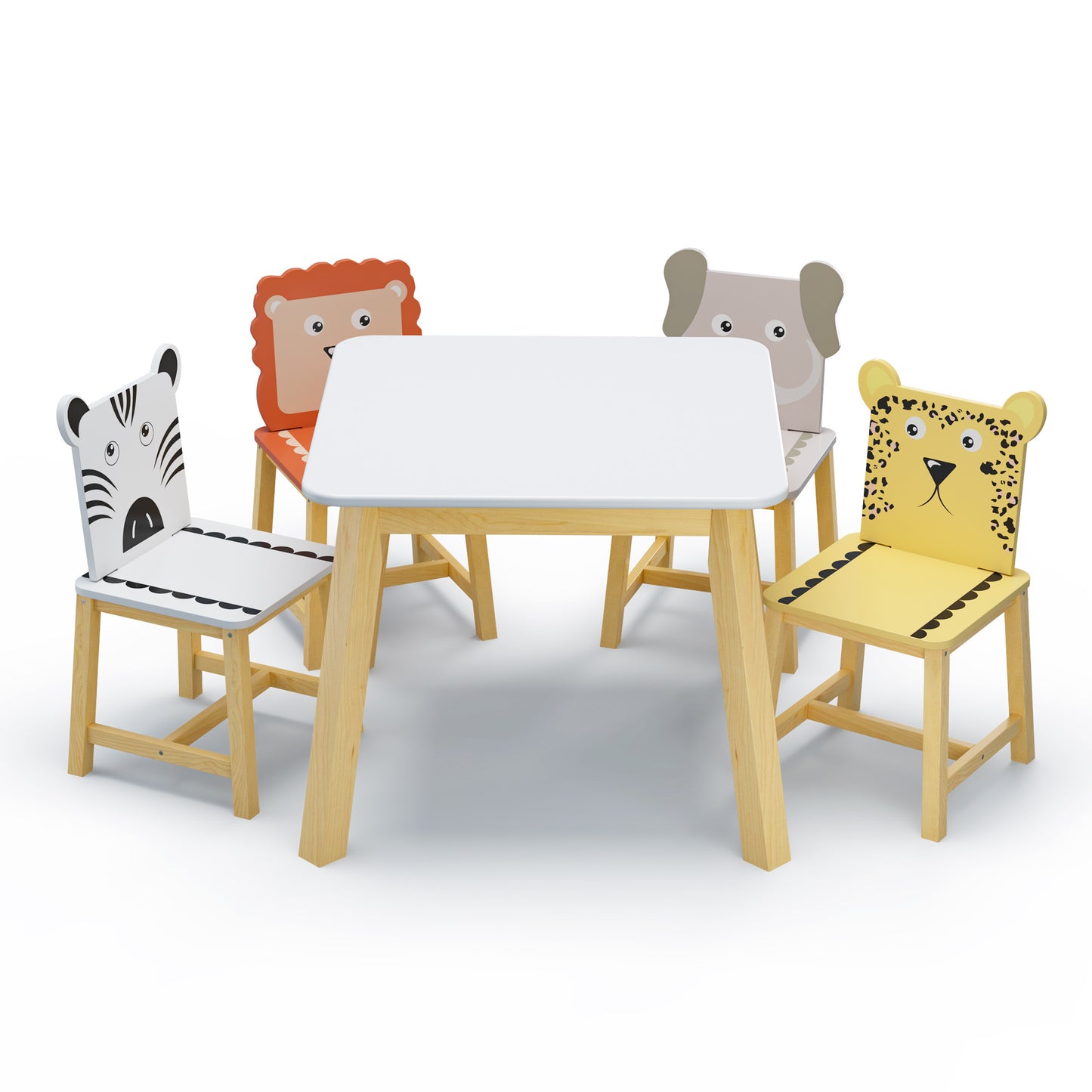 5 Piece Kiddy Table and Chair Set , Kids Wood Table with 4 Chairs Set Cartoon Animals (bigger table)（3-8 years old）