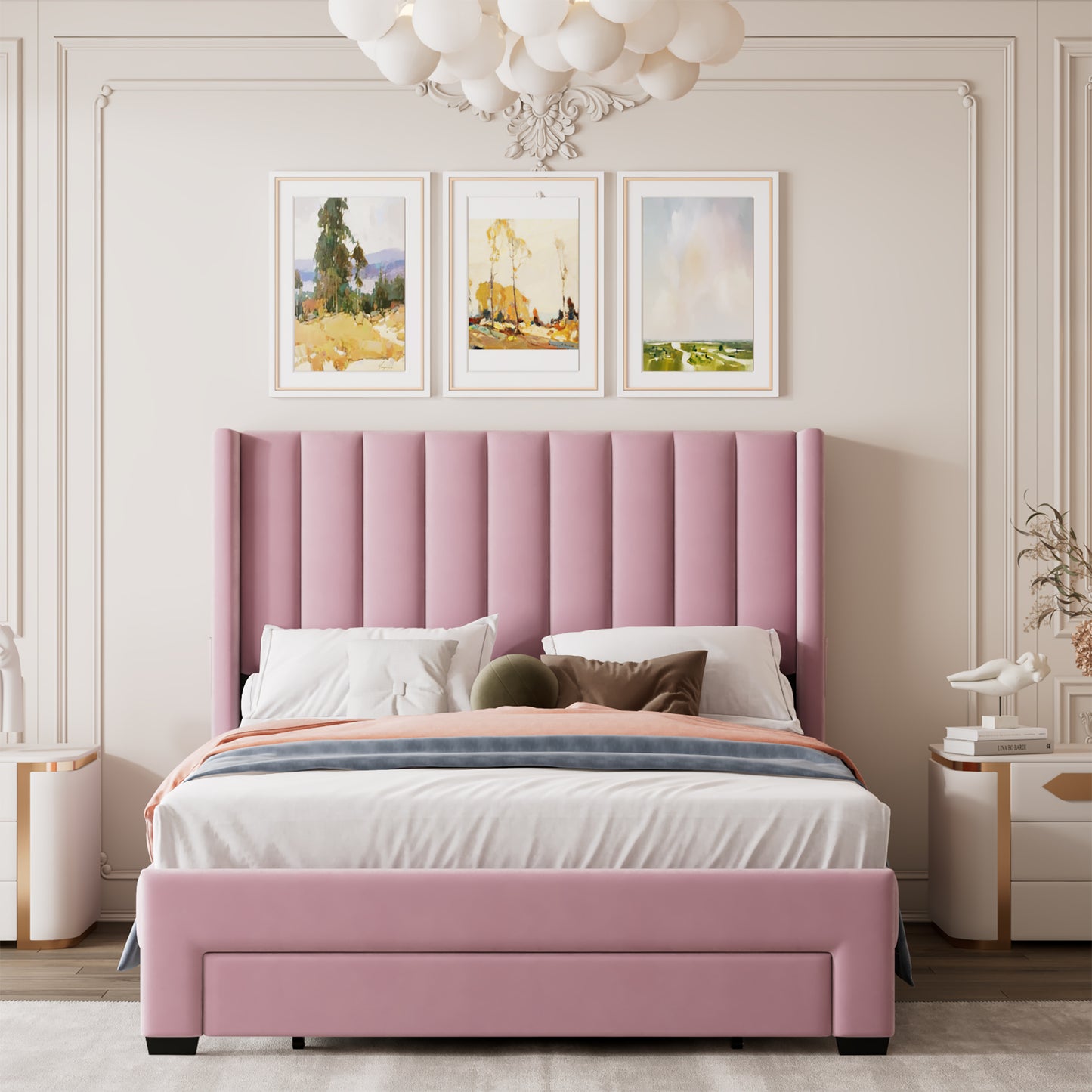 Full Size Storage Bed Velvet Upholstered Platform Bed with a Big Drawer - Pink