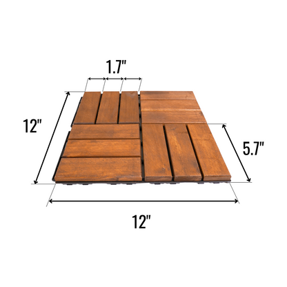 12" x 12" Square Acacia Wood Interlocking Flooring Tiles Checker Pattern Pack of 10 Tiles