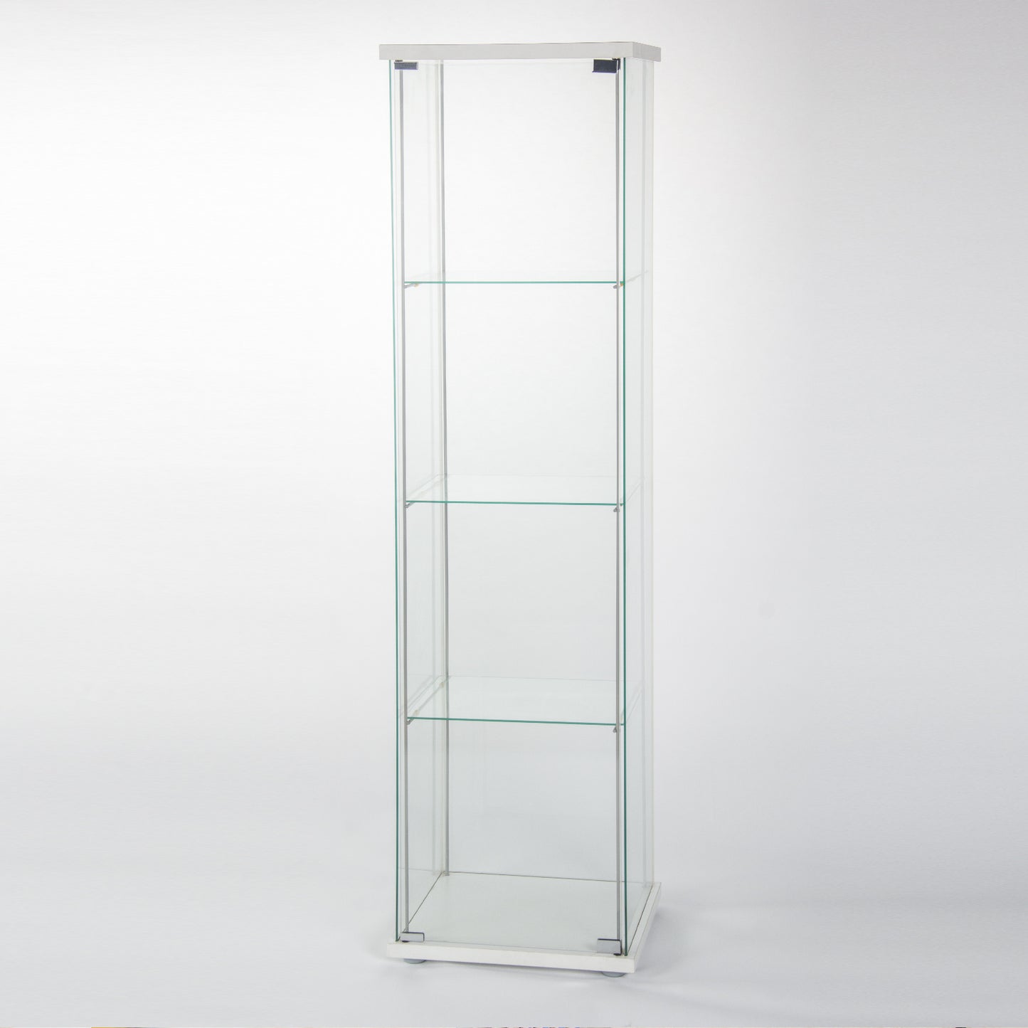 Glass Cabinet-w       Glass Display Cabinet 4 Shelves with Door, Floor Standing Curio Bookshelf for Living Room Bedroom Office, 64” x 17”x 14.5”, White