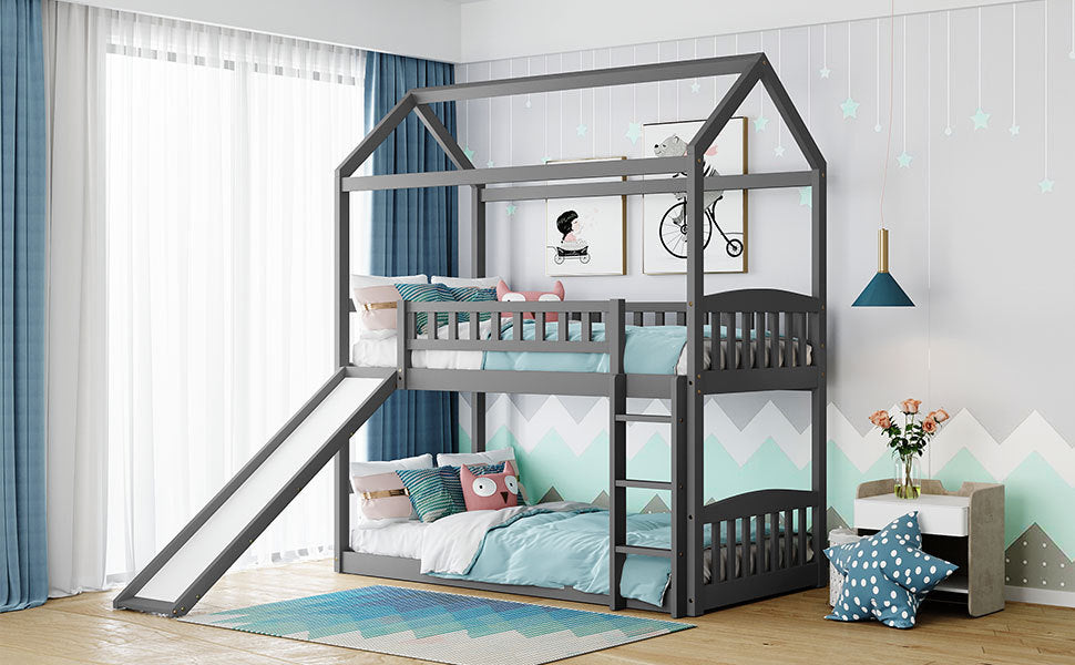 Twin Over Twin Bunk Bed with Slide, House Bed with Slide, Gray(OLD SKU: LP000213AAE)