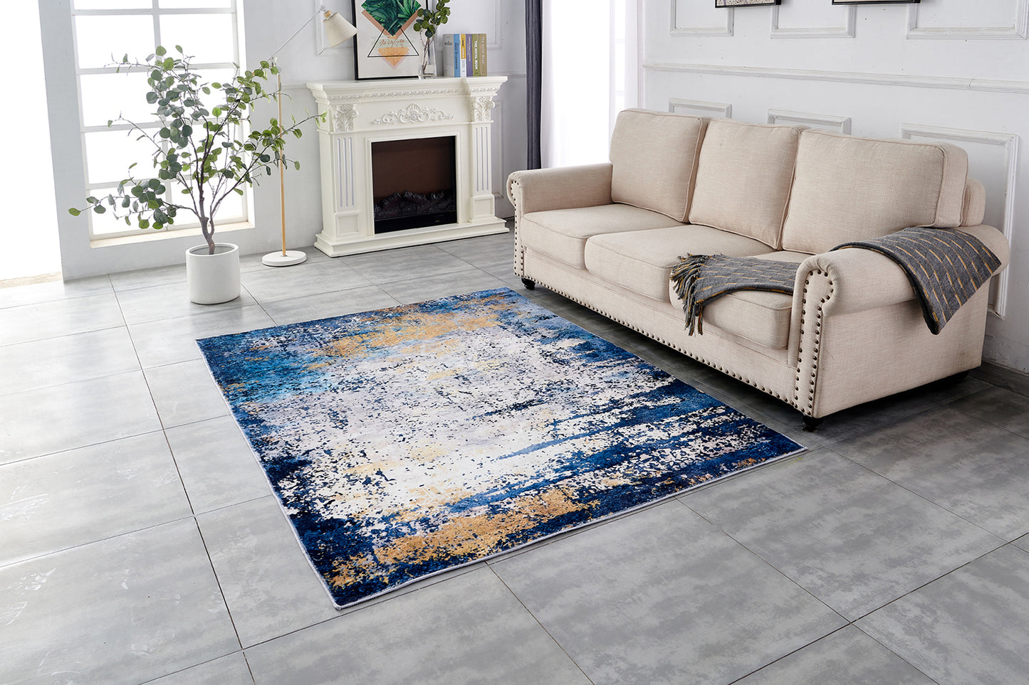 ZARA Collection Abstract Design Blue Grey Yellow Machine Washable Super Soft Area Rug