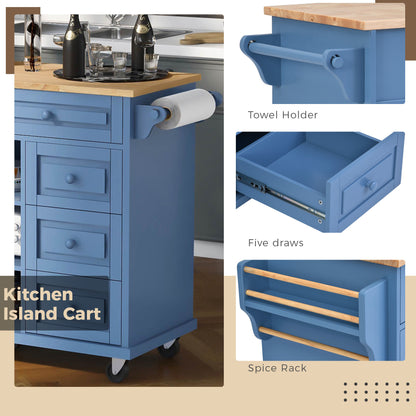 K&K kitchen cart with Rubber wood desktop rolling mobile kitchen island with storage and 5 draws 53 Inch width （Blue）