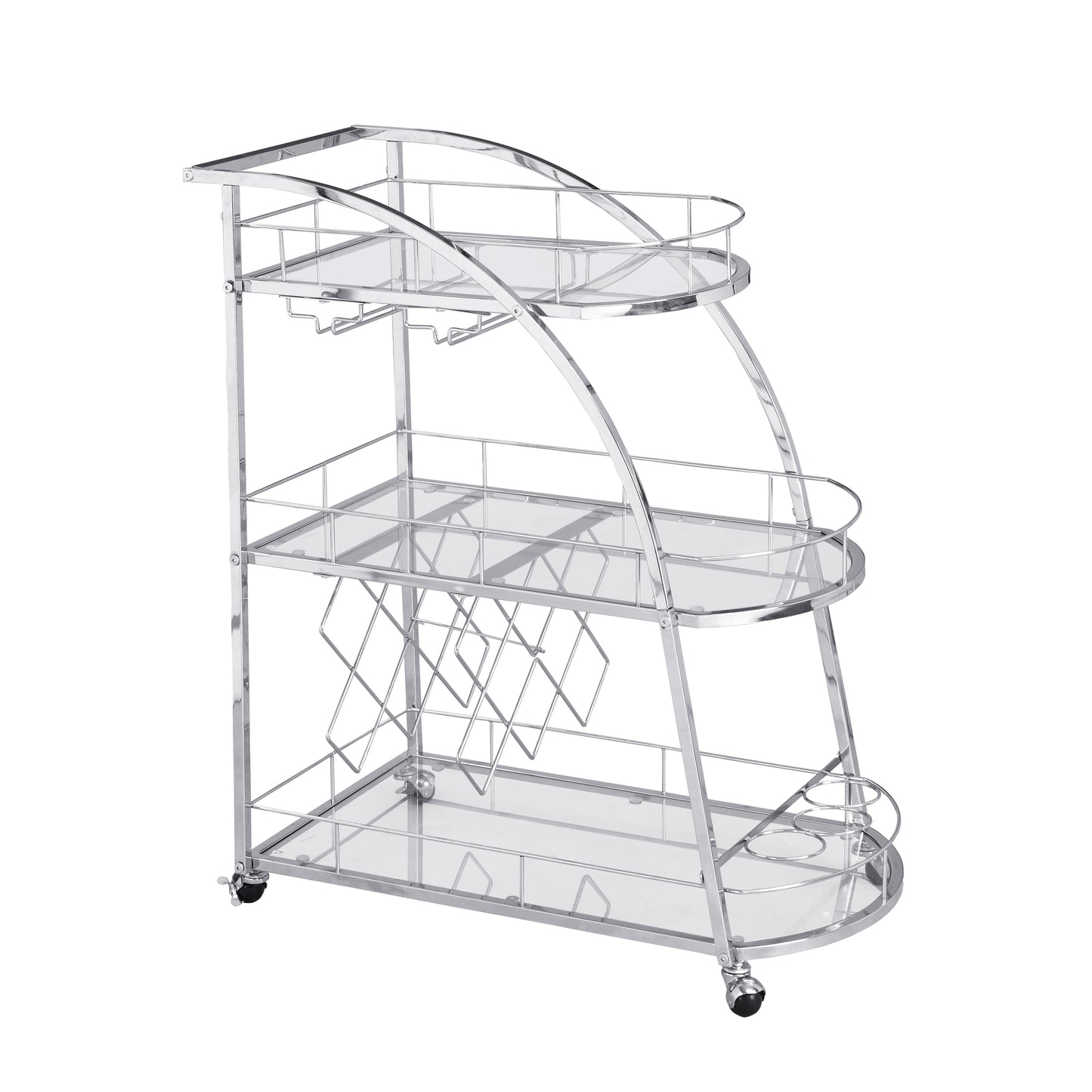 Chrome Mobile Bar Cart Serving Wine Cart with Wheels, 3-tier Metal Frame Elegant Wine Storage for Kitchen, Party, Dining Room and Living Room, Silver