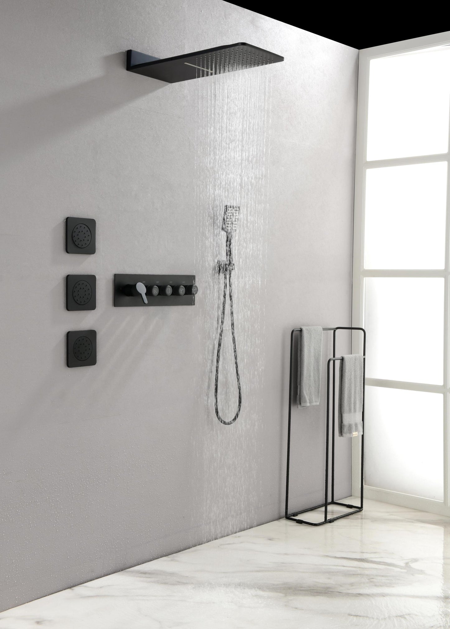 Wall Mounted Waterfall Rain Shower System With 3 Body Sprays & Handheld Shower