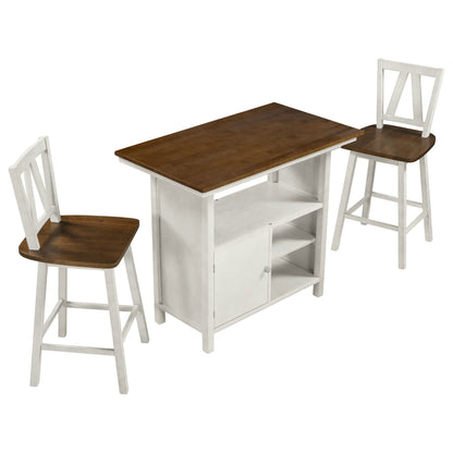 TOPMAX Farmhouse 3-Piece Counter Height Dining Table Set, Wooden Kitchen Table Set with Storage Cabinet and Shelves for Small Places, Walnut+Distressed White