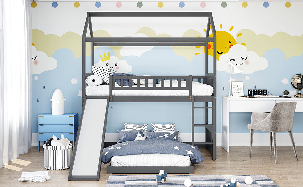 Twin Over Twin Bunk Bed with Slide, House Bed with Slide, Gray(OLD SKU: LP000214AAE)