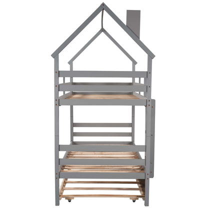 Twin over Twin House Bunk Bed with Trundle and Chimney Design,Gray