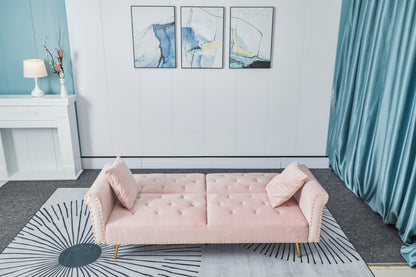 [New+Video]Pink velvet nail head sofa bed with throw pillow and midfoot