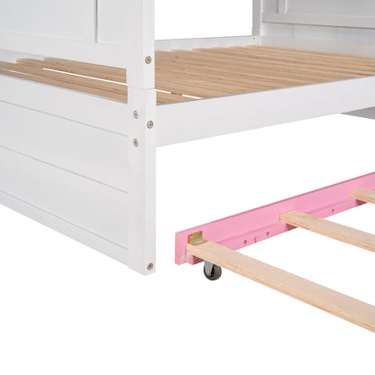 Full Over Full Bunk Bed with Trundle ,Stairs,Ladders Solid Wood Bunk bed with Storage Cabinet （White + Pink）