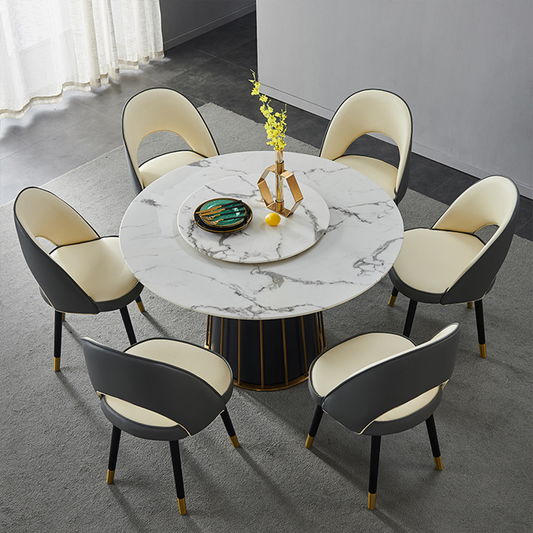 Modern White Round Marble Tabletop Dining Table with Lazy Susan, Black and Gold Leg, Dining Room Table for 6-8, 51"