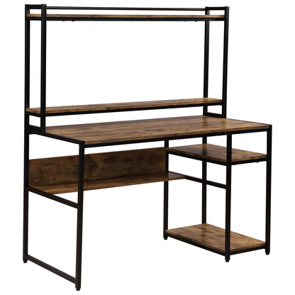 Home Office Computer Desk with 2-Tier Bookshelf and Open Storage Shelf/Equipped with Removable Monitor Riser(Brown)