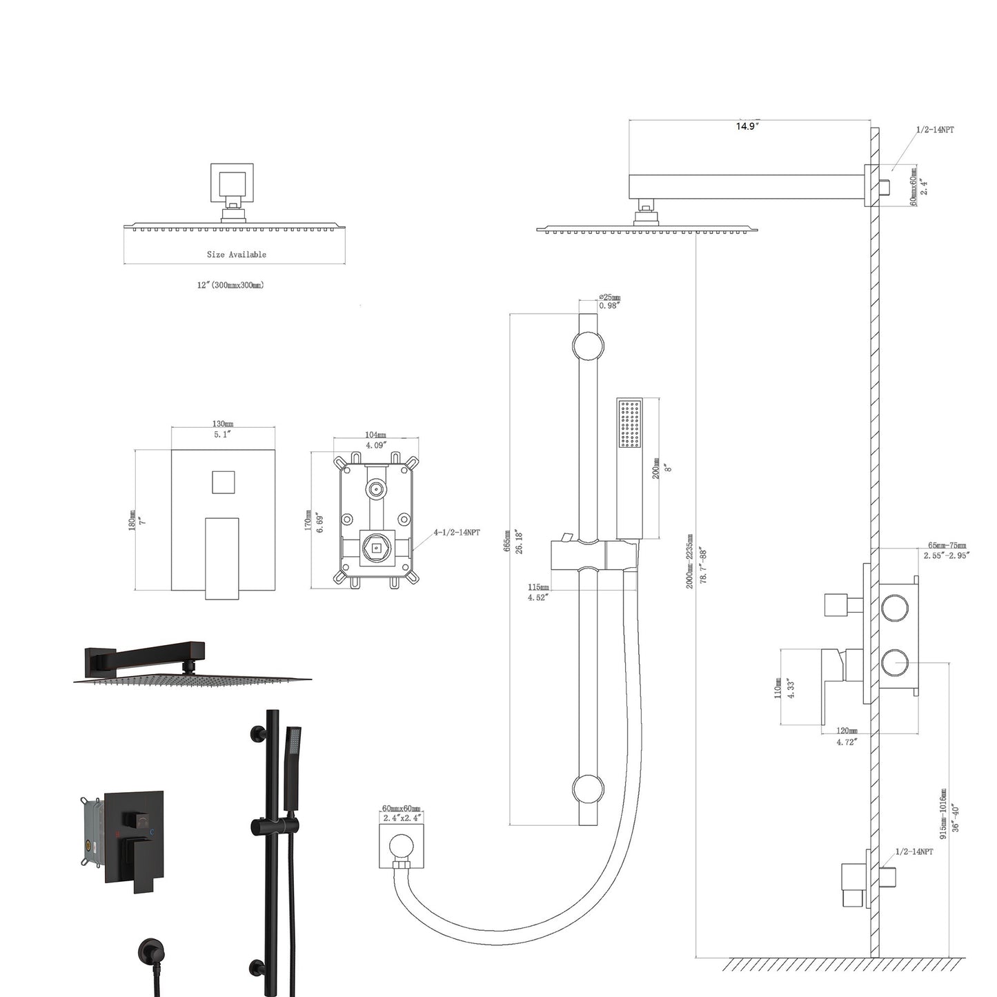 12" Rain Shower Head Systems ,with 26.18 inch Adjustable Angle Slide Bar,Oil Rubber Bronze,Wall Mounted shower